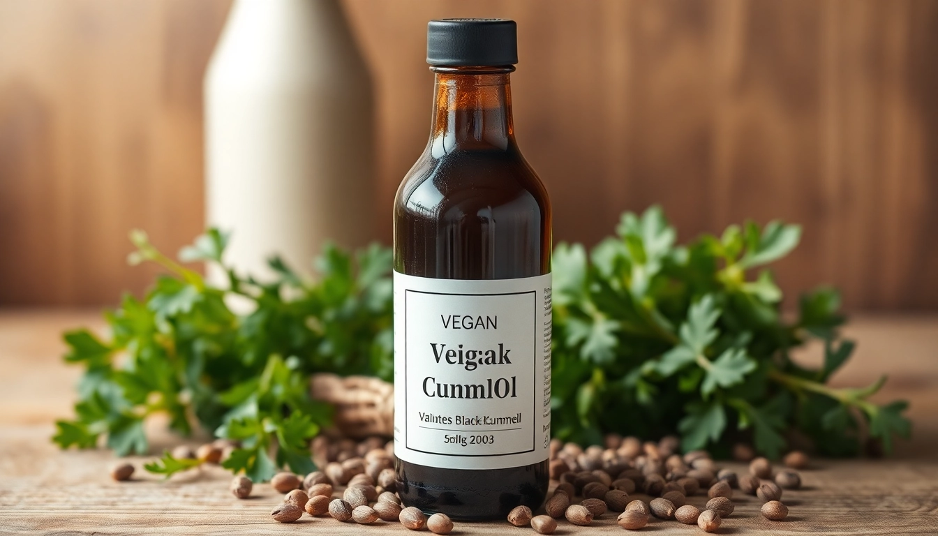 Erleben Sie veganes Schwarzkümmelöl in einer einladenden Küchenumgebung mit frischen Kräutern.