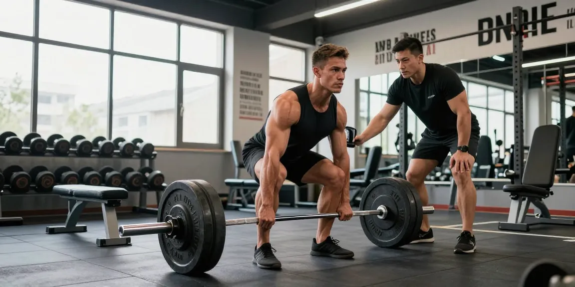 Anabolika Shop - Bodybuilder hebt Gewichte in modernem Fitnessstudio, motivierende Atmosphäre mit Fitnessgeräten.