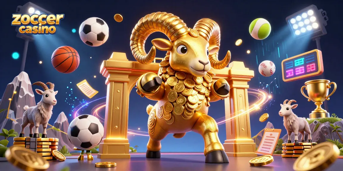 Zoccer casino offers exciting gameplay, showcasing a golden ram, sports elements, and dynamic motion.