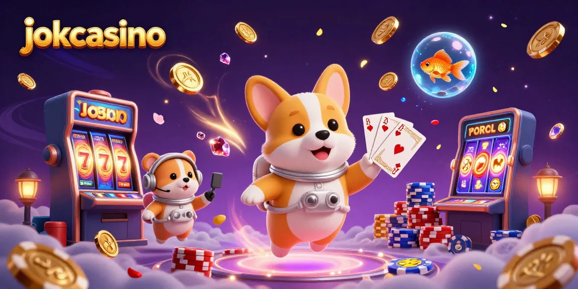 Experience the thrill at jokacasino with a corgi astronaut, gems, and slot reels in a vibrant casino scene.