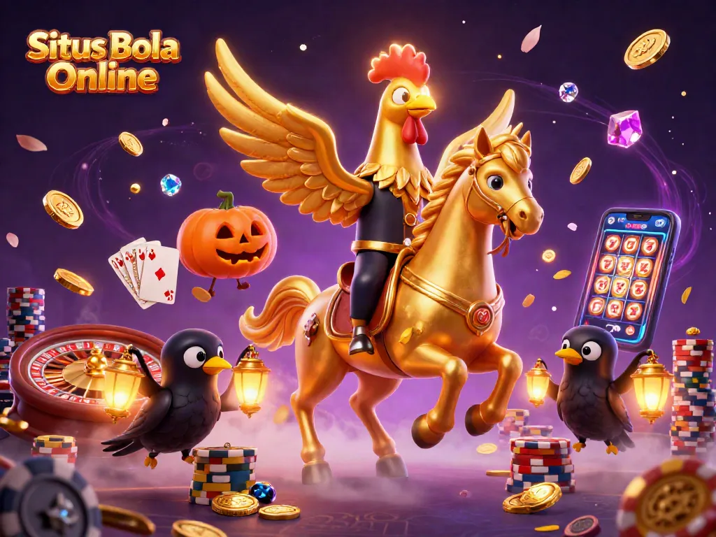 Situs Bola Online features a dynamic scene of a golden rooster rider and crow companions amidst casino elements.
