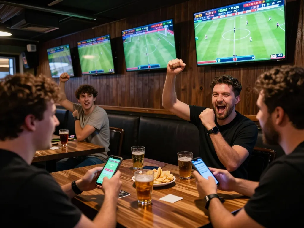 Cheering sports fans placing bets on the 7m-7m platform during live football matches