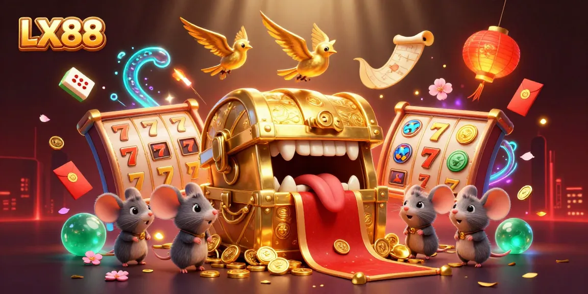 Engage in winning strategies with LX88's captivating gaming ambiance featuring vibrant slot reels and treasures.