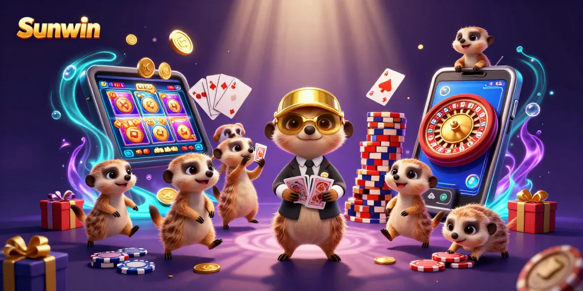 Sunwin casino meerkats manage a colorful slot game operation in an engaging 3D scene.