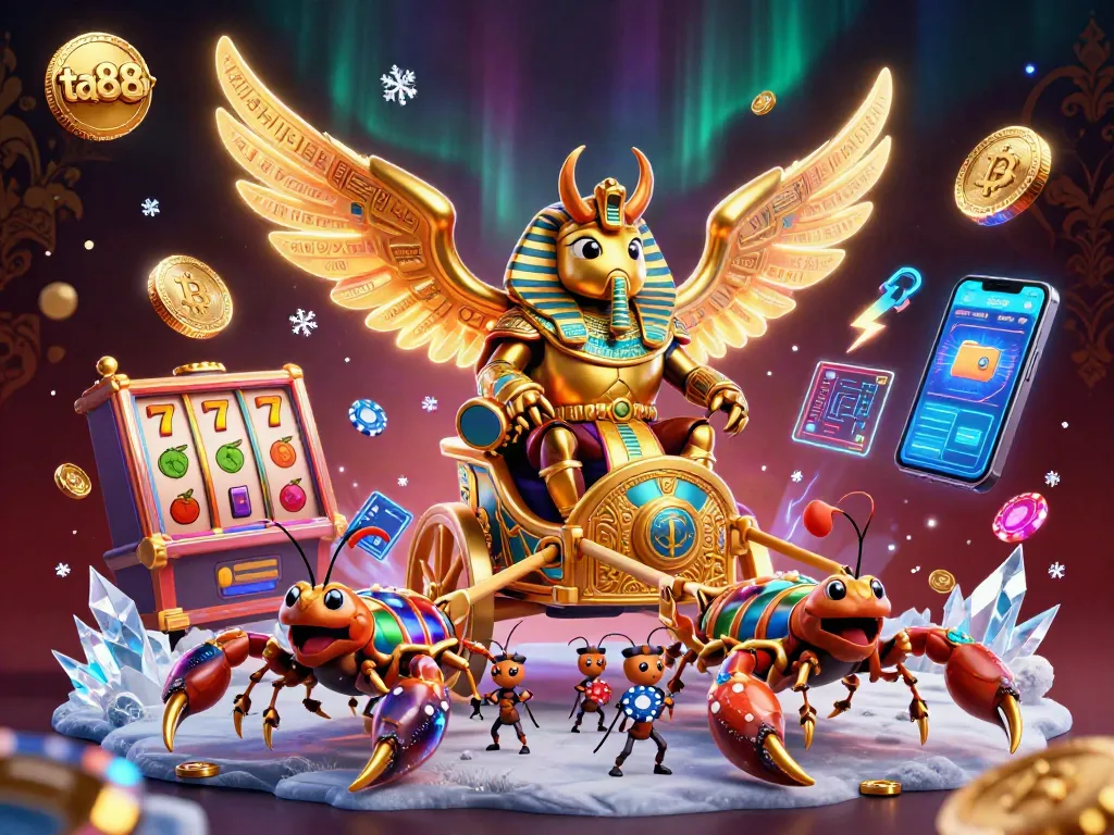 Experience the excitement of ta88 with a golden scarab beetle amidst slot reels and crypto coins.