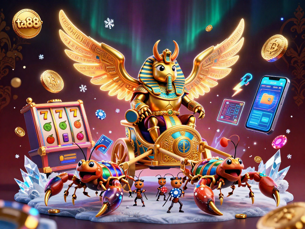Experience the excitement of ta88 with a golden scarab beetle amidst slot reels and crypto coins.