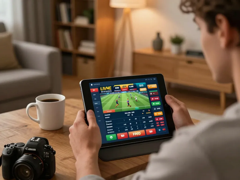 Engaged player using Nhà Cái RR88 online betting app on tablet, showcasing live odds and sports excitement.