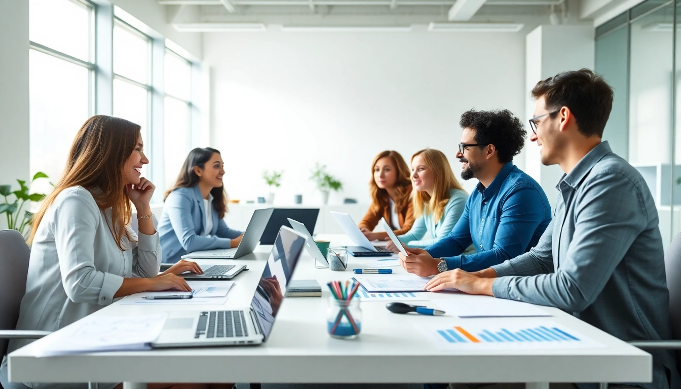 Online Marketing Strategie-Session mit einem vielfältigen Team in einem modernen Büro.