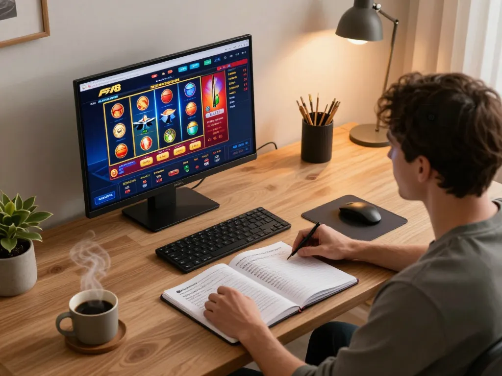 Player engaging in online gaming at F168 with laptop showing casino interface and betting notes.
