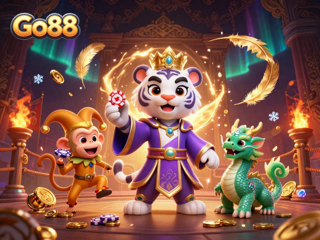 Experience the excitement of Go88 with vibrant casino characters amidst a rich gaming atmosphere.