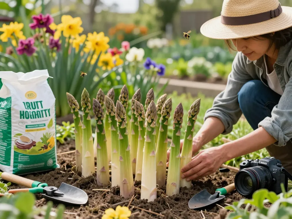 Healthy spargelpflanzen growing in a vibrant garden, tended by a gardener.