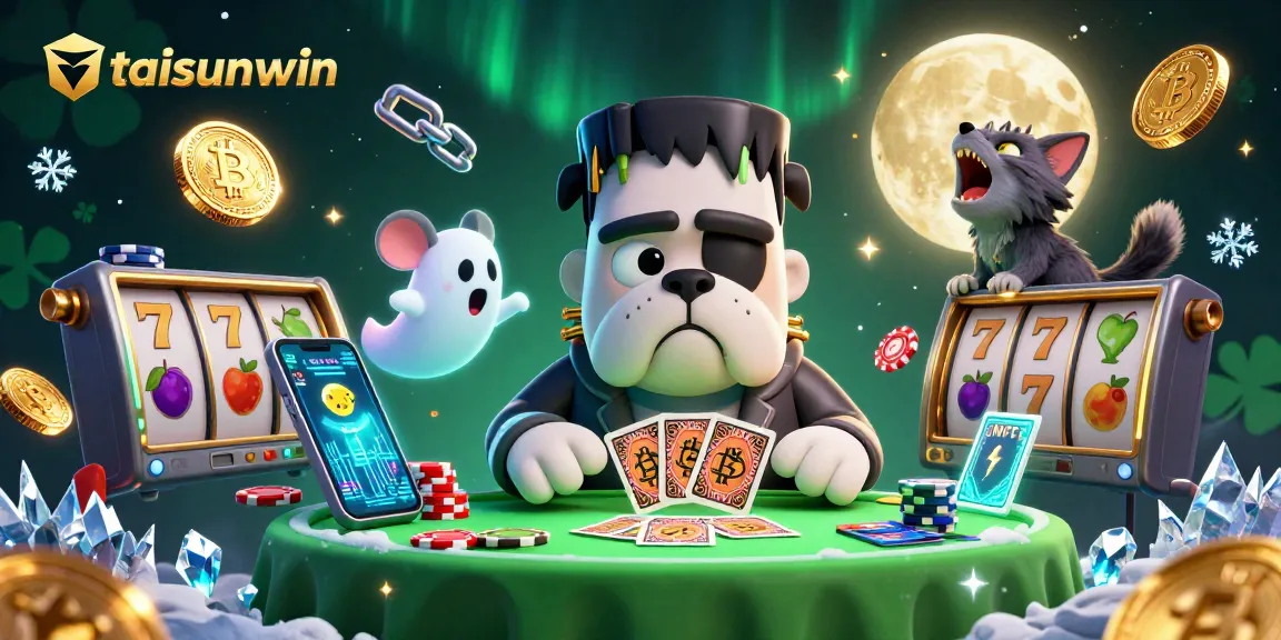 Experience thrilling card games with taisunwin, featuring a unique 3D illustration of a Frankenstein bulldog dealer.