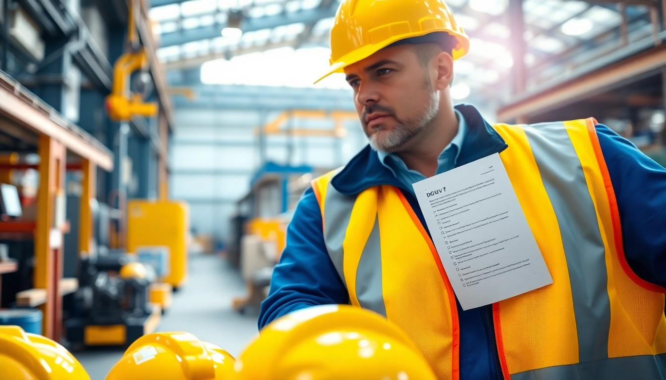 DGUV V3 Prüfung in einer industriellen Umgebung mit Sicherheitsausrüstung im Vordergrund