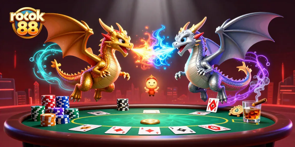 Engage with thrilling poker action as rokok 88 showcases majestic dragons battling in a vibrant casino.