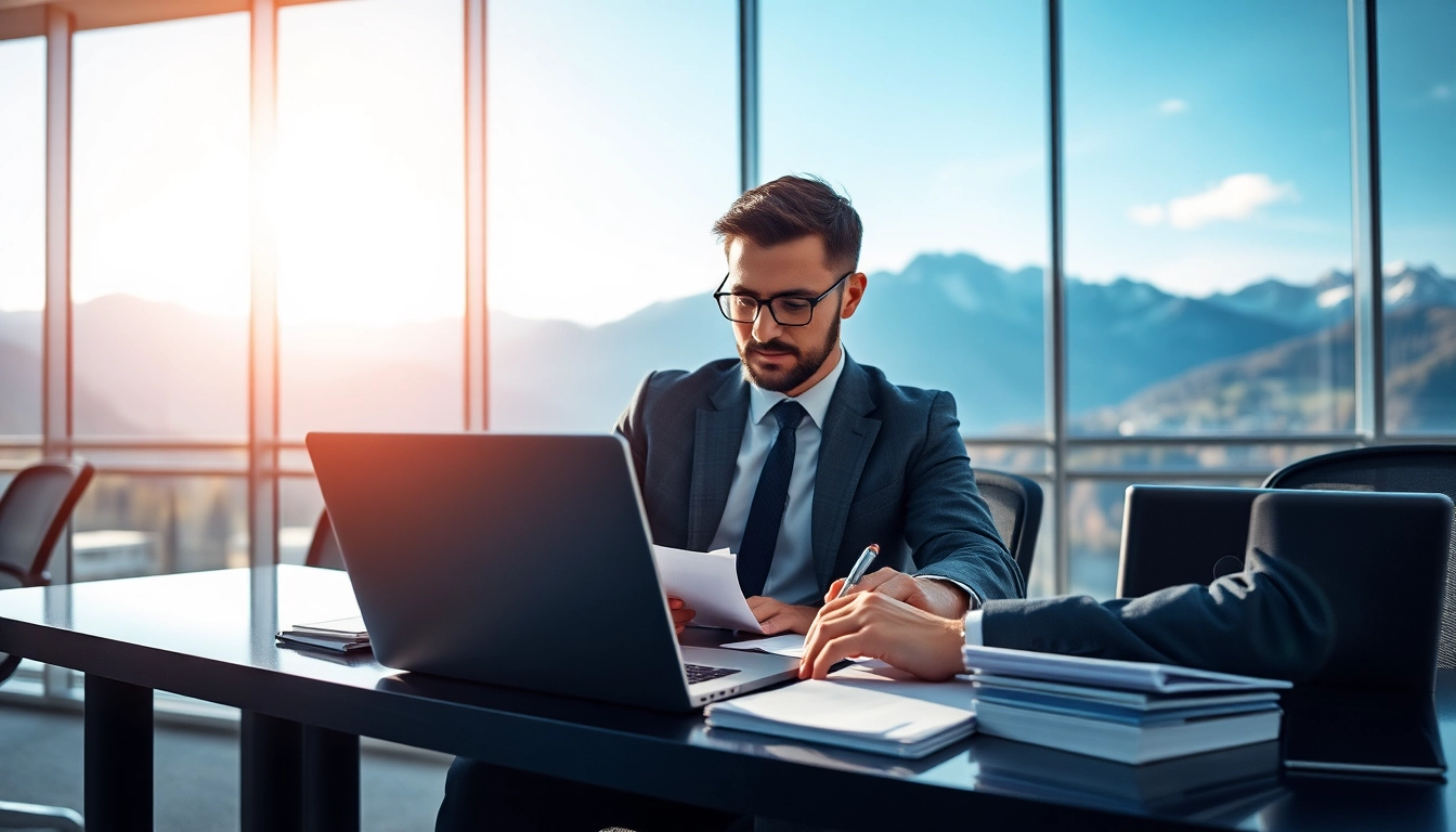 Headhunter Schweiz bei der Arbeit im modernen Büro mit Blick auf die Alpen.