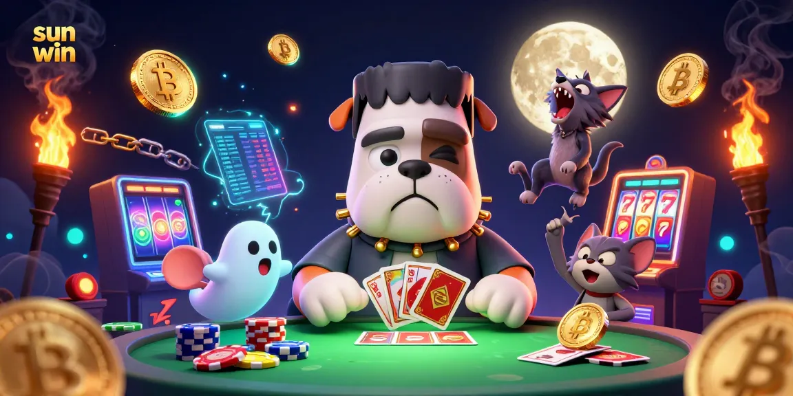 Experience the excitement of sun win with a playful scene of a Frankenstein bulldog and friends at a vibrant casino table.