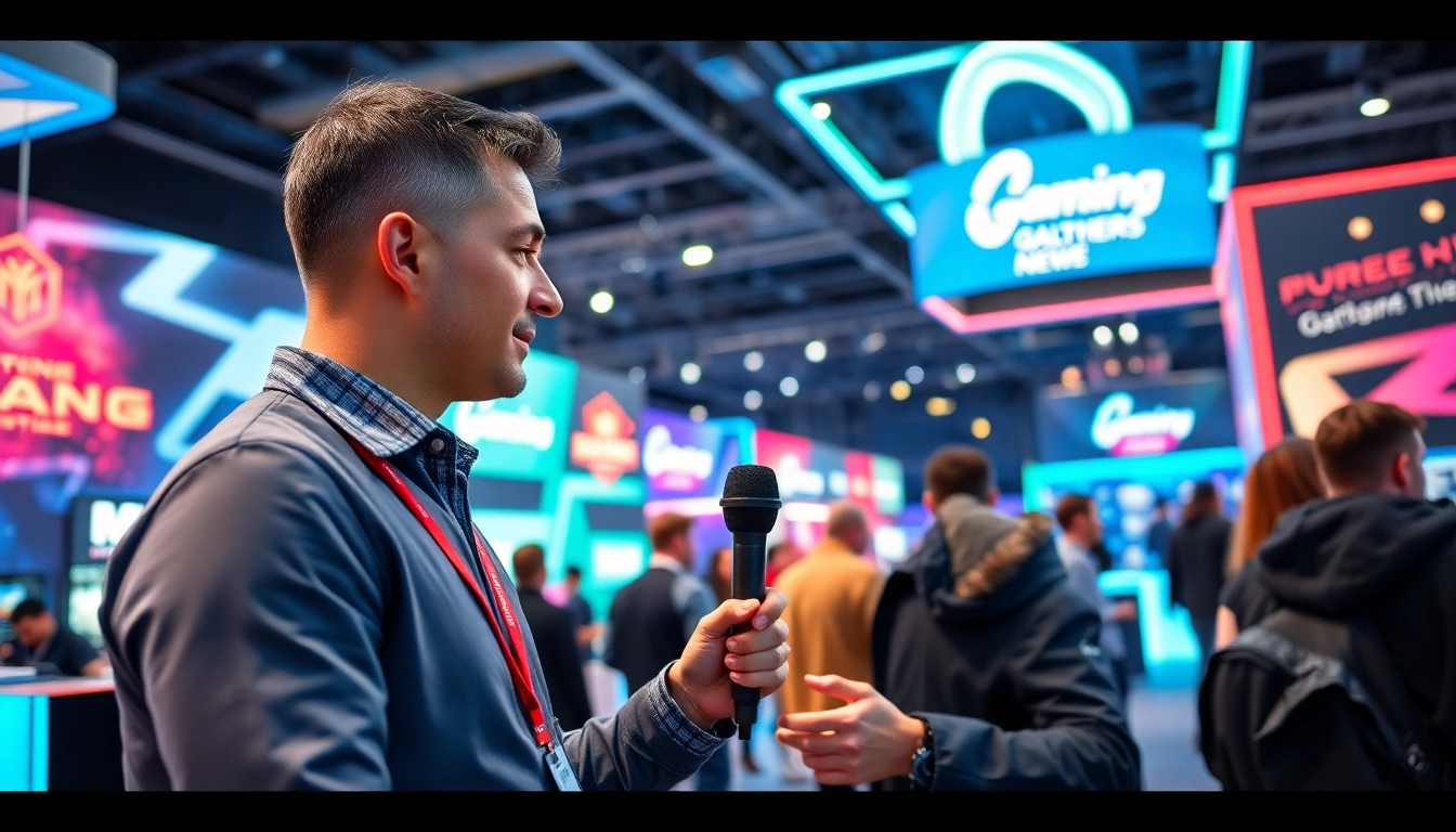 Berichterstattung über Gaming News Österreich während eines Gaming-Events mit lebendigen Ständen.