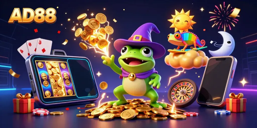 Engage in thrilling gaming adventures with AD88 through a whimsical 3D illustration showcasing dynamic gaming elements.