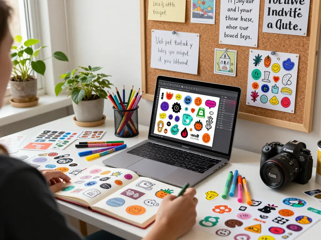 Designer creating individualized stickers at a colorful workspace, depicting the art of sticker erstellen with vibrant tools and samples.