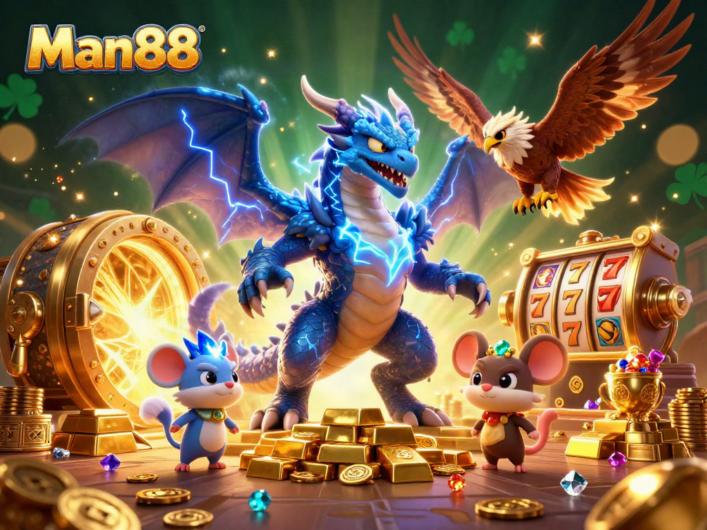 Engage with thrilling Man88 gaming adventures through explosive 3D casino action featuring vibrant characters.