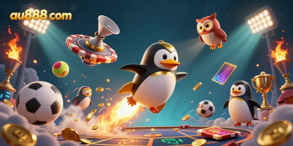 Experience the thrill of betting with au888 com in this vibrant casino-themed illustration featuring a golden penguin.
