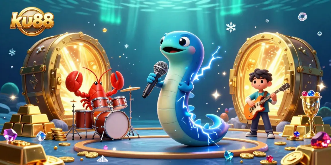 Elevate your gambling experience at ku88 with an engaging 3D casino illustration of a DJ electric eel in an underwater casino.