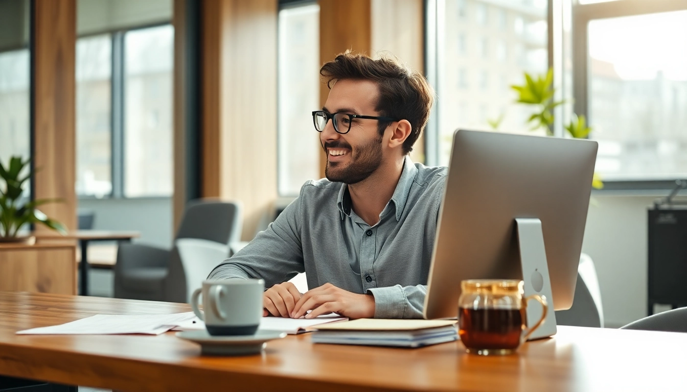 Headhunter Mönchengladbach bei der Arbeit im modernen Büro, lächelnd am Computer.