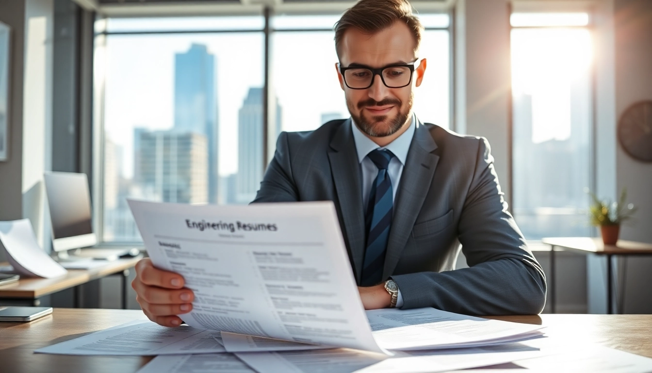 Headhunter Ingenieure reviewing engineering resumes in a modern office setting