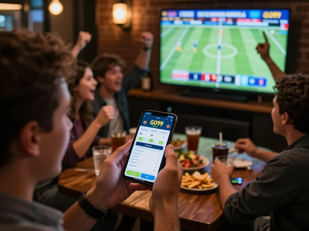 Go99 betting app showcasing live odds amid an exciting sports bar atmosphere