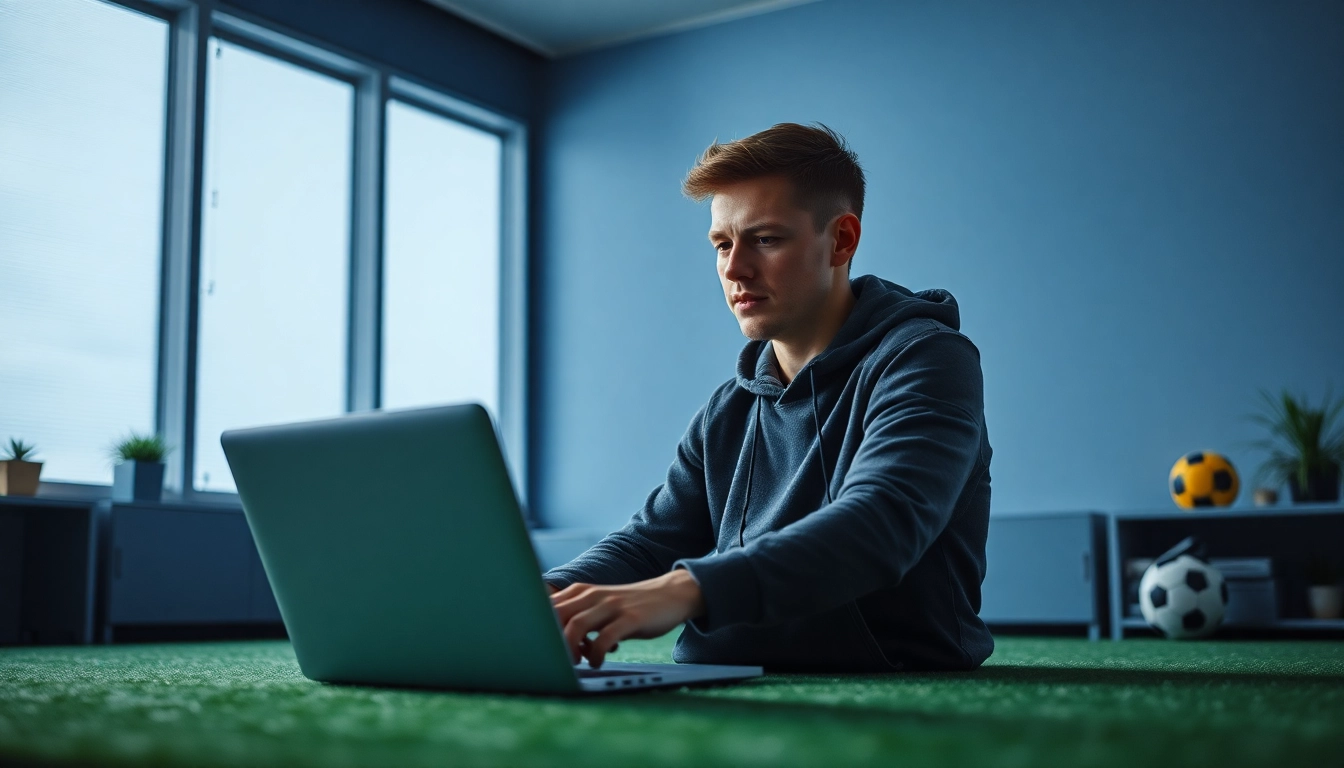Ein Nutzer nutzt online wettanbieter ohne lizenz sicher auf einem Laptop in einem modernen, vertrauensvollen Raum.