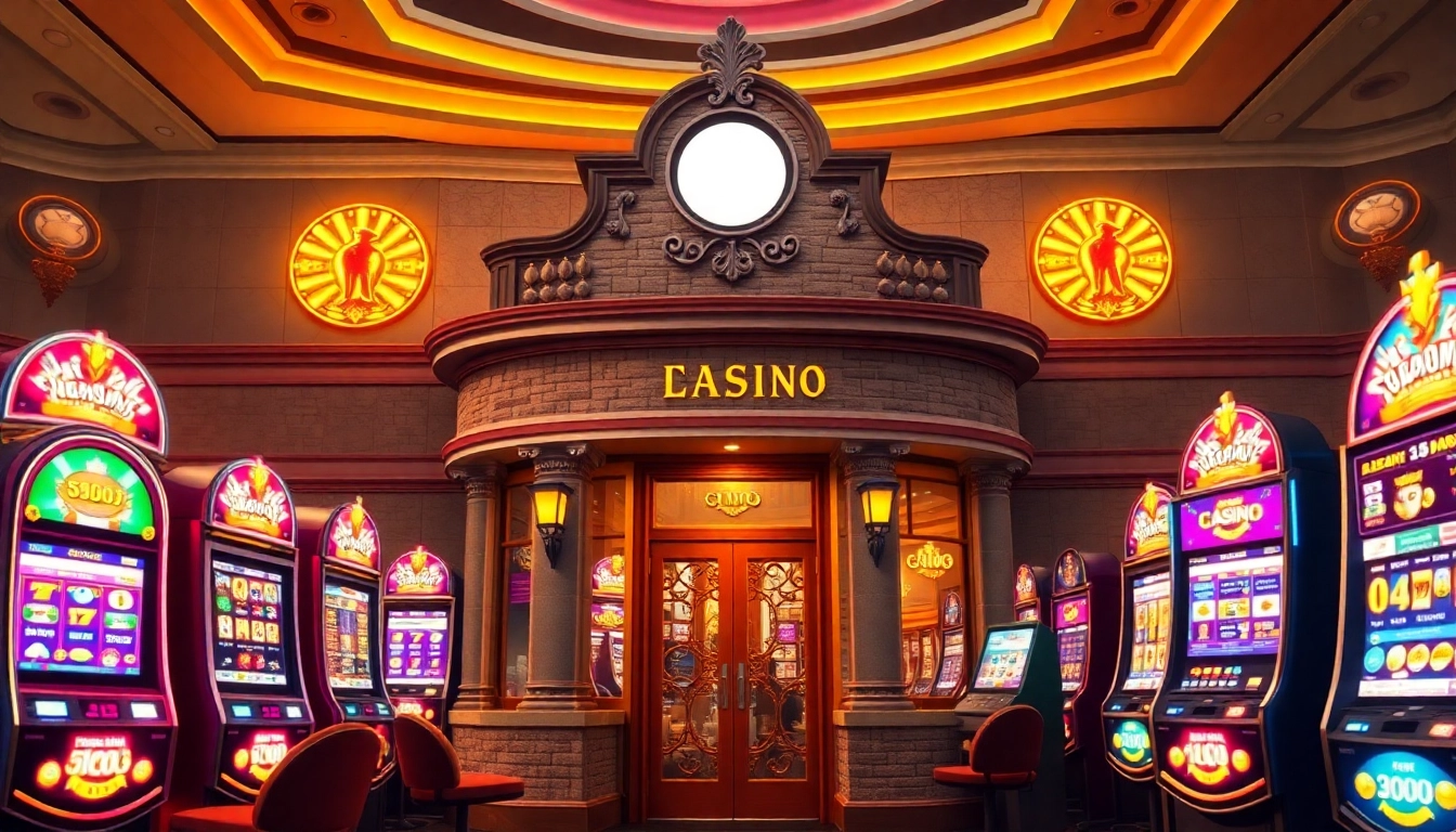 Entdecken Sie aufregende online casino slots mit verschiedenen bunten Spielautomaten und aufregenden Gewinnsymbolen umgeben von Münzen.