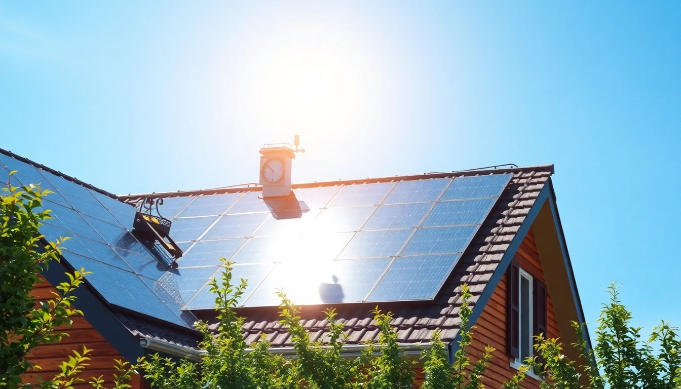 PV Module kaufen für Dach: Eine moderne Dachlandschaft mit glänzenden Solarmodulen an einem sonnigen Tag.