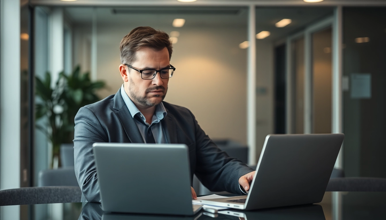 Headhunter bei der Arbeit in einem modernen Büro, konzentriert auf Laptop und Notizen.