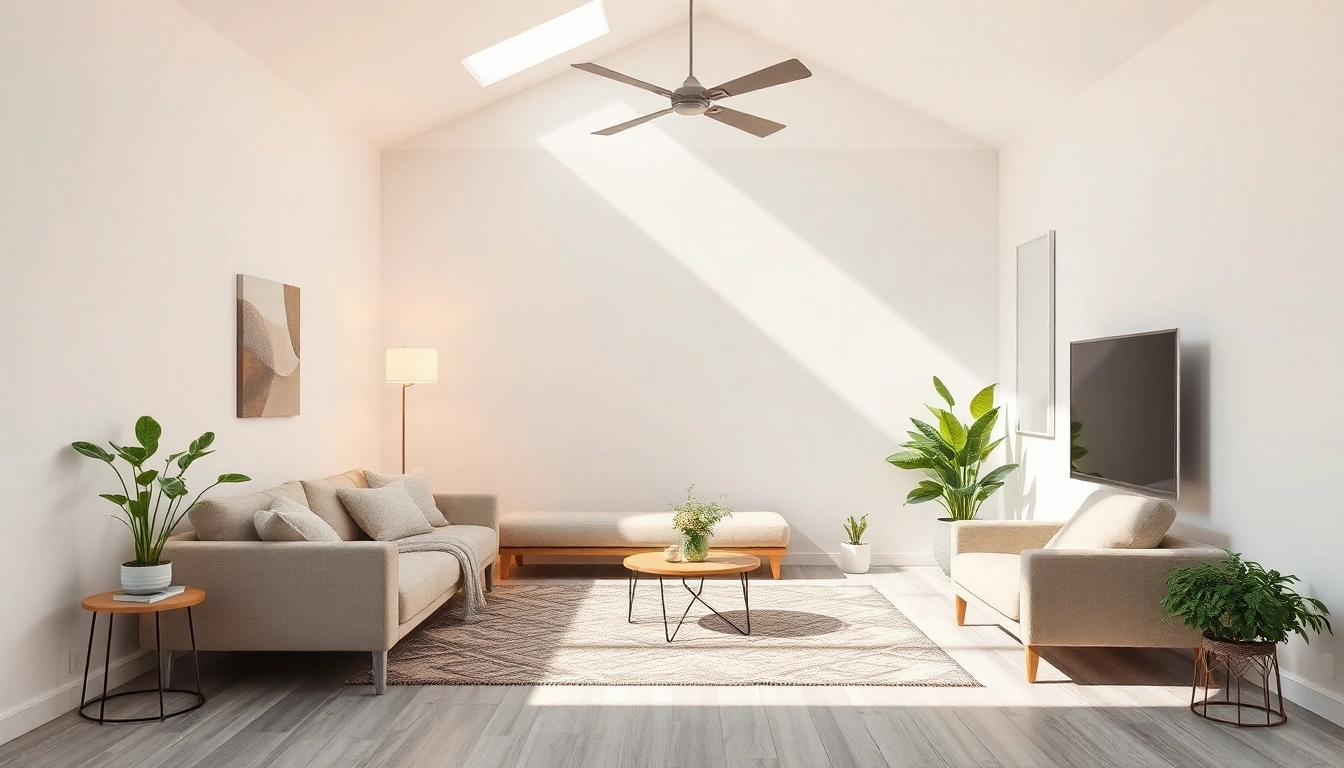 Beeindruckende Raumgestaltung mit sanften Erdtönen und lebendigen Pflanzen für einladenden Wohnraum.