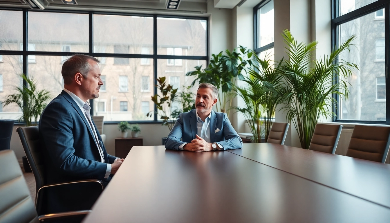 Headhunter Karlsruhe berät Klienten an einem eleganten Tisch, umgeben von hochwertiger Büromöblierung.