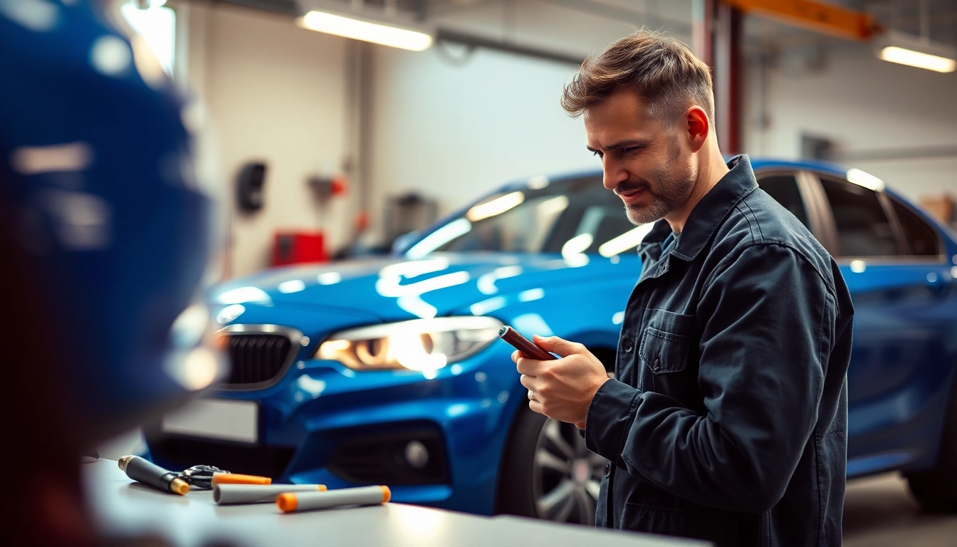 Kratzer Reparatur Auto München: Mechaniker bringt frischen Lack auf ein blauer Auto positiv in einer Werkstatt an.