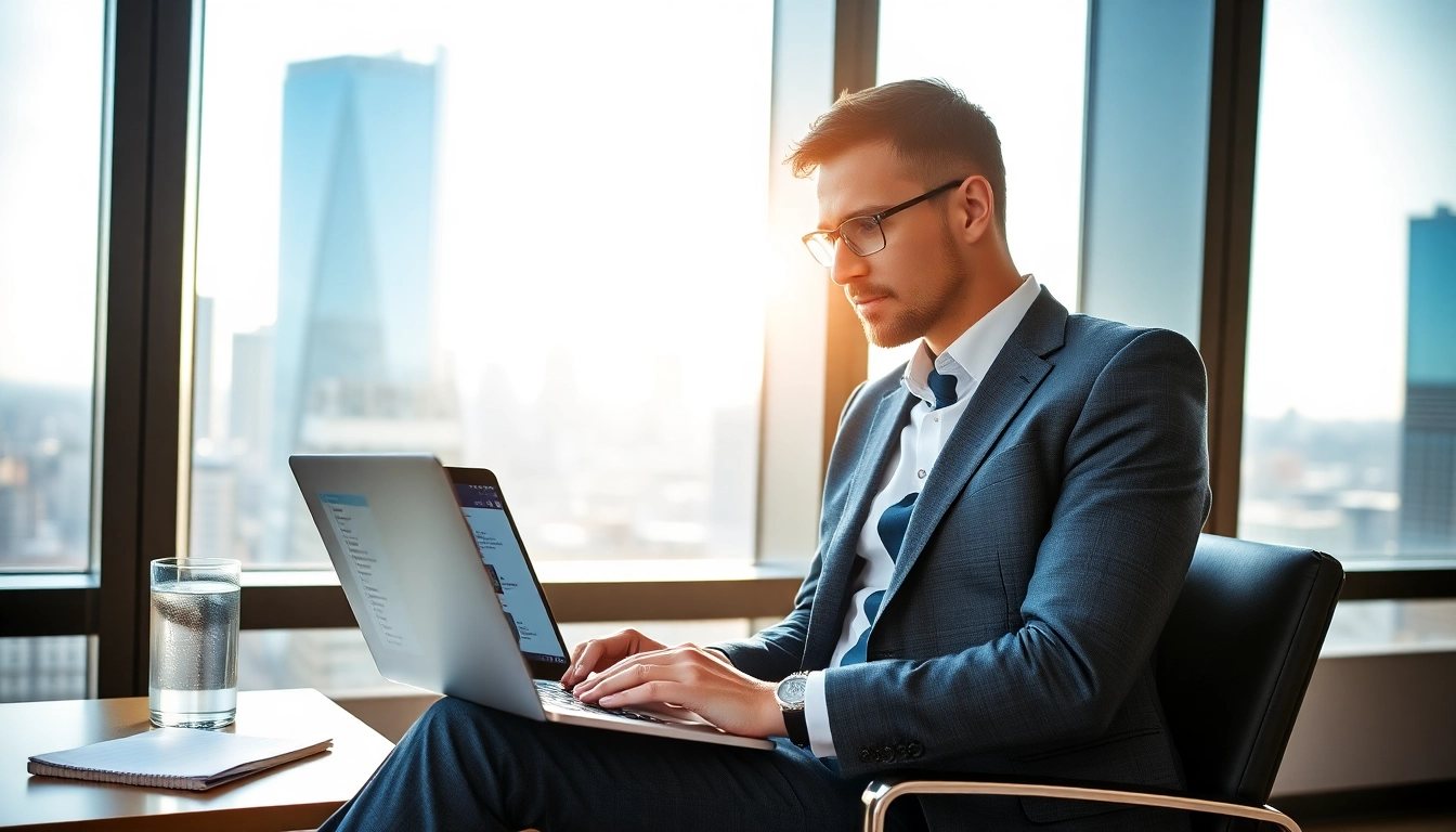 Headhunter Geschäftsführer analysiert Bewerbungsunterlagen in modernem Büro mit beeindruckendem Ausblick.