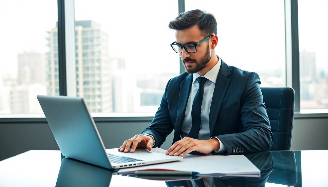 Headhunter IT analysiert Bewerbungsunterlagen in modernem Büro mit Hochhausblick.