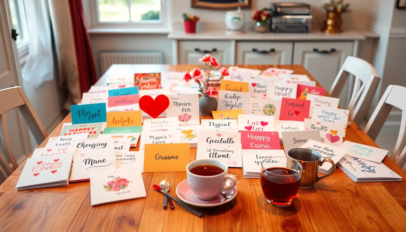 Entdecke wunderschöne Grusskarten in einem kreativen Arrangement auf einem Holztisch mit warmem Licht und einladendem Mood.