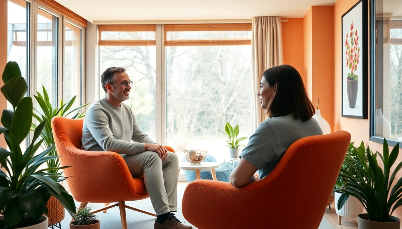 Coaching in Lebenskrisen: Inspirierende Sitzung zwischen Coach und Klient in einer einladenden Umgebung.