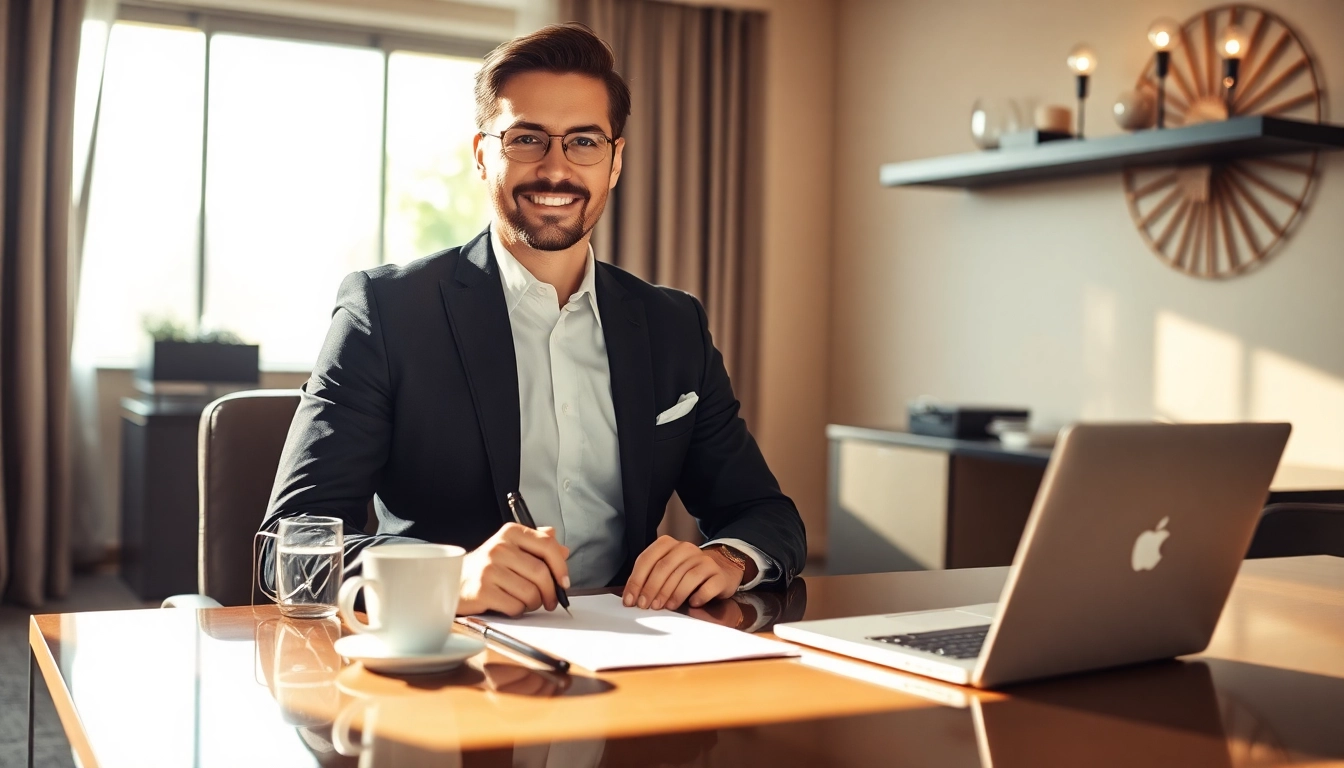 Headhunter Gastronomie bei der Arbeit in einem eleganten Büro, umgeben von Gastronomie-Dekor.