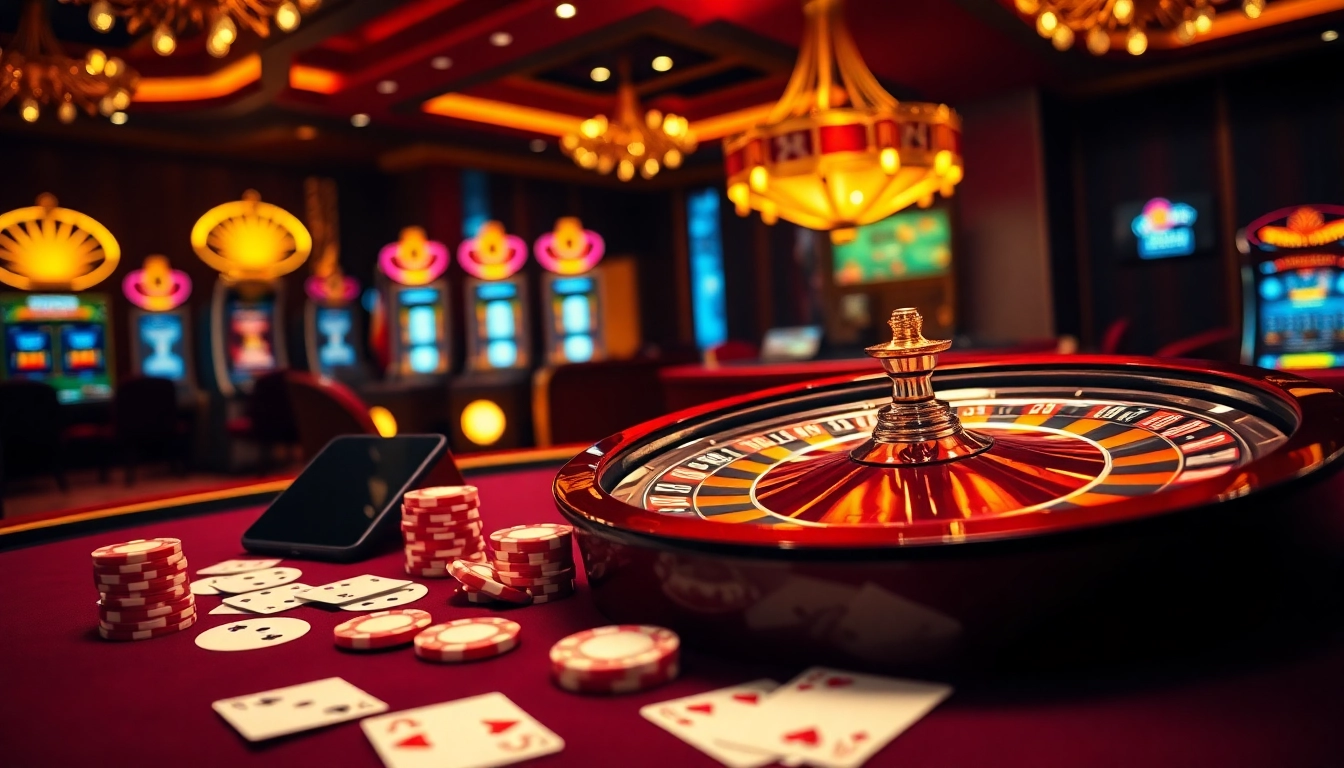 Experience the excitement of online gambling with link 12bet surrounded by vibrant casino elements.