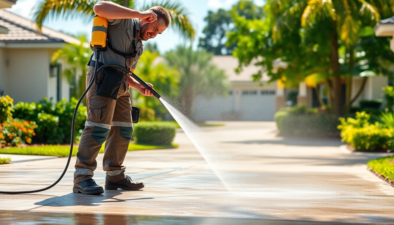 Driveway pressure wash service in Kissimmee, FL, showcasing a technician cleaning a concrete driveway with eco-friendly products.
