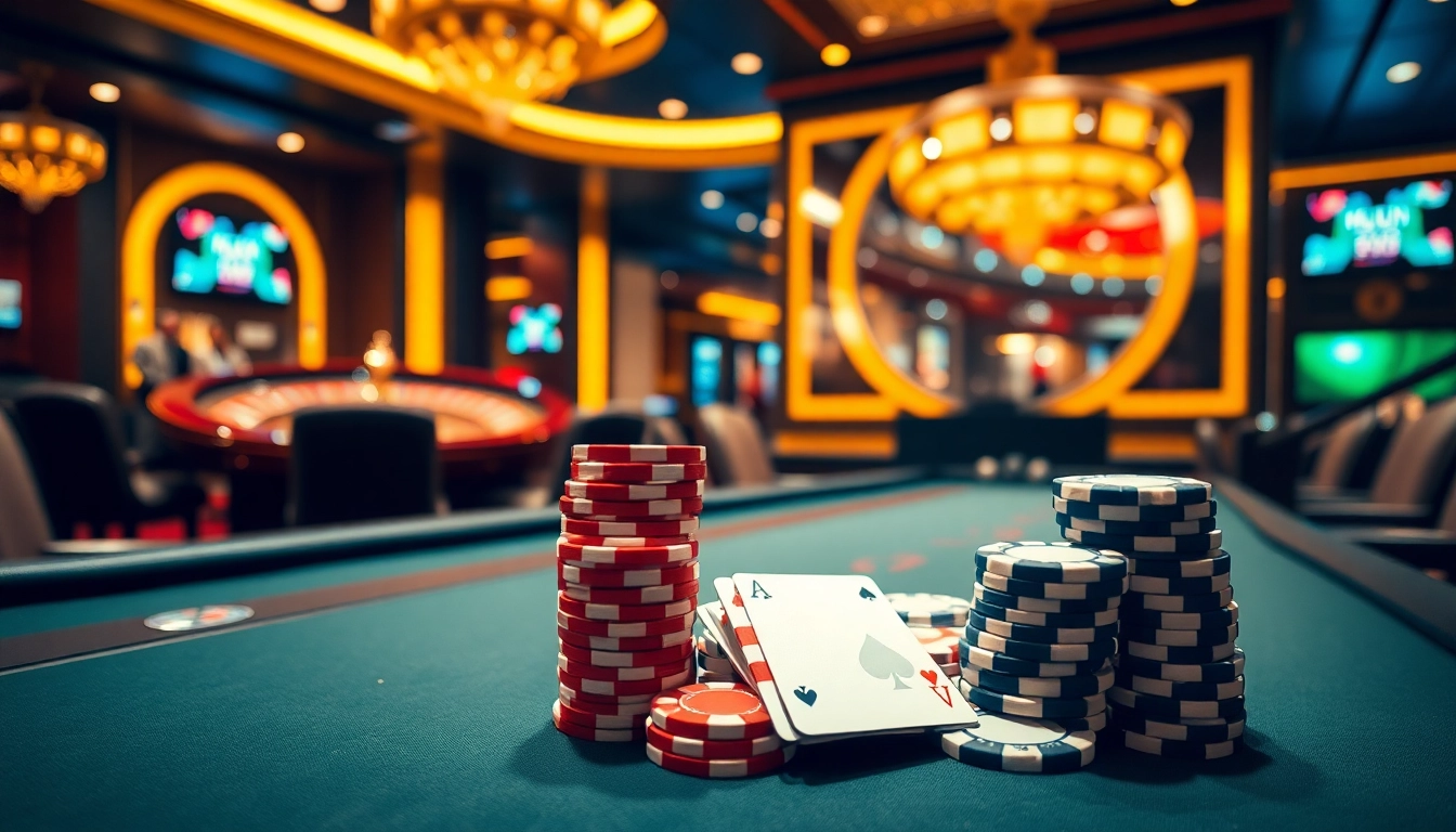 High-stakes poker game showcasing vibrant chips and cards at nha cai luck8 casino.