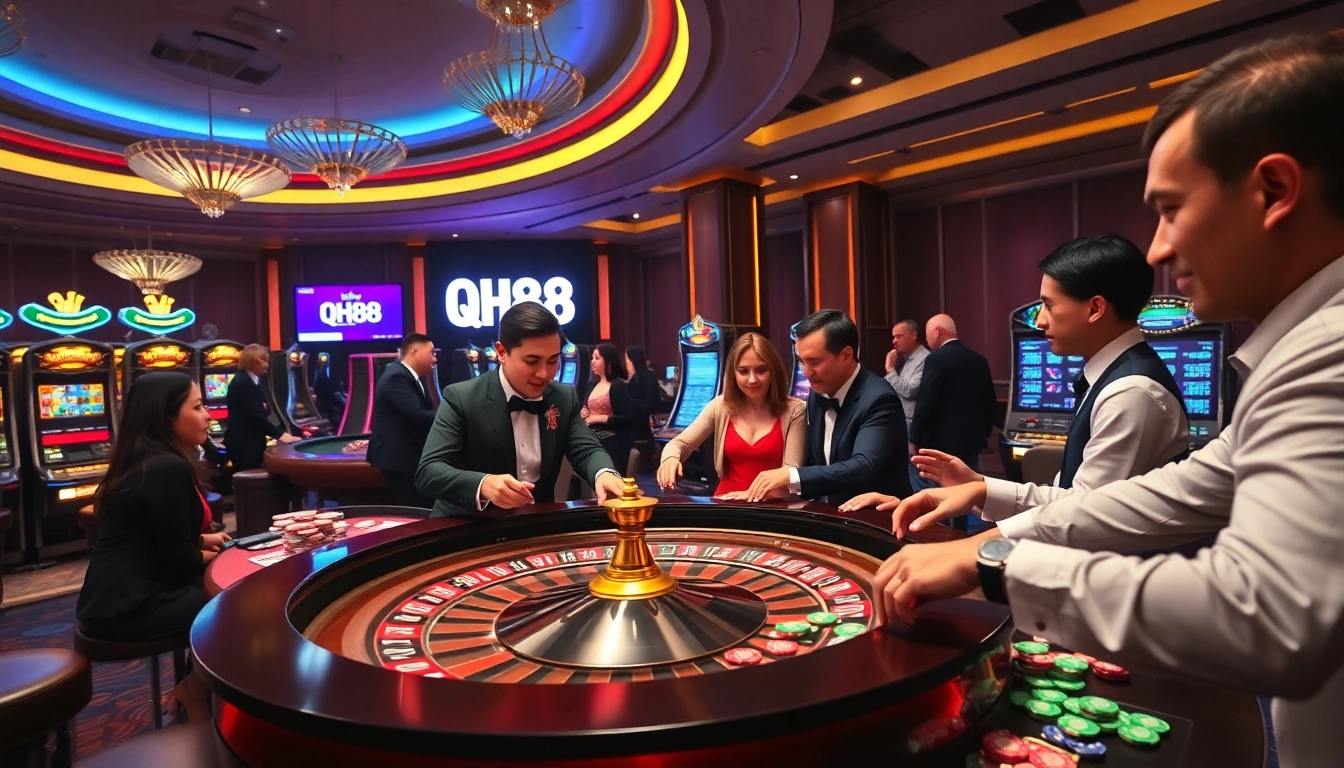 Players enjoying an exciting moment at QH88 casino tables with vibrant gaming elements.
