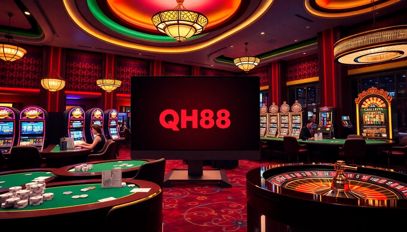Experience high-stakes gaming at qh88 with vibrant slots and poker tables in a luxurious casino.