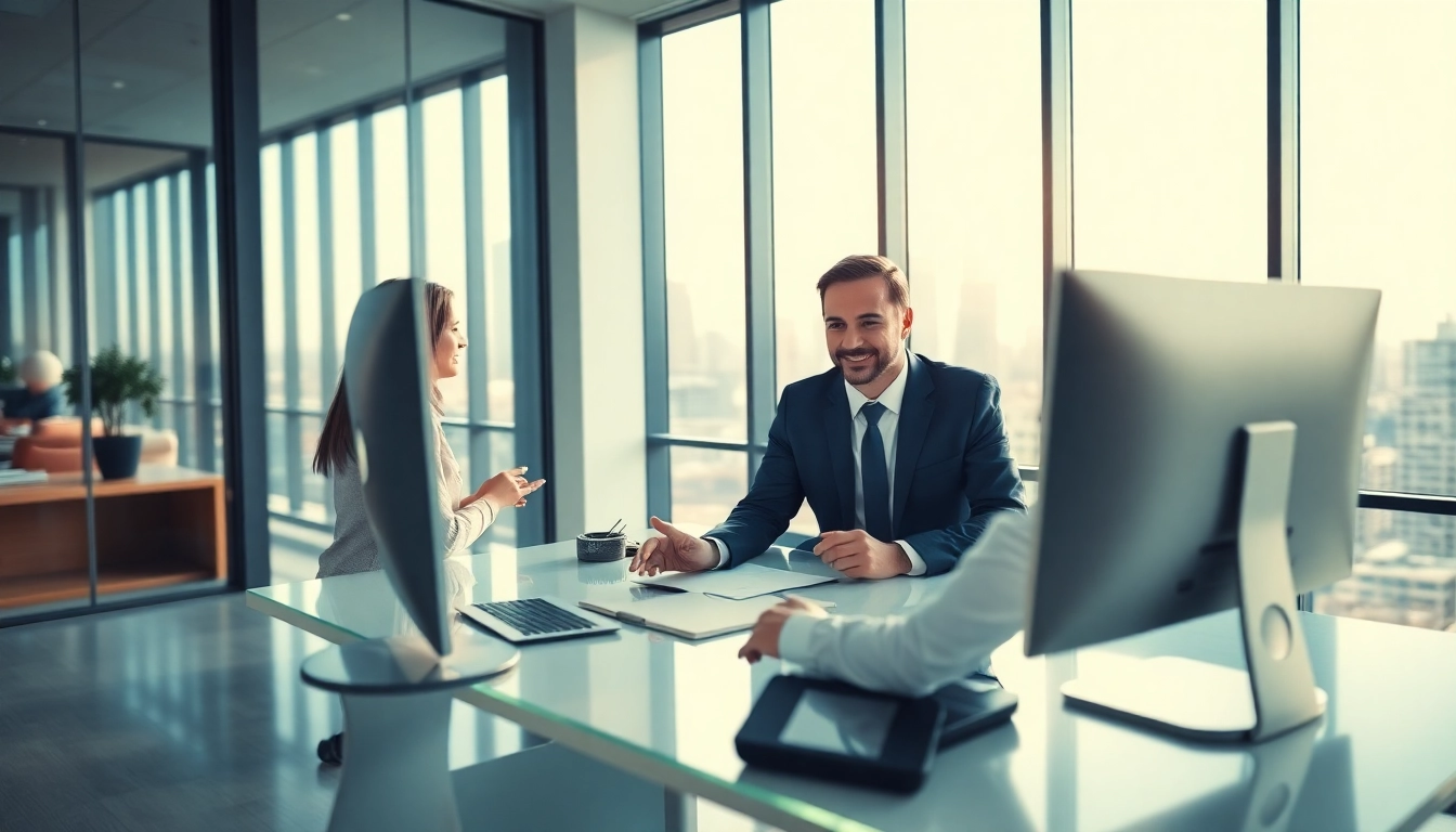 Headhunter IT im Gespräch mit Kandidaten und Klienten in einem modernen Büro.