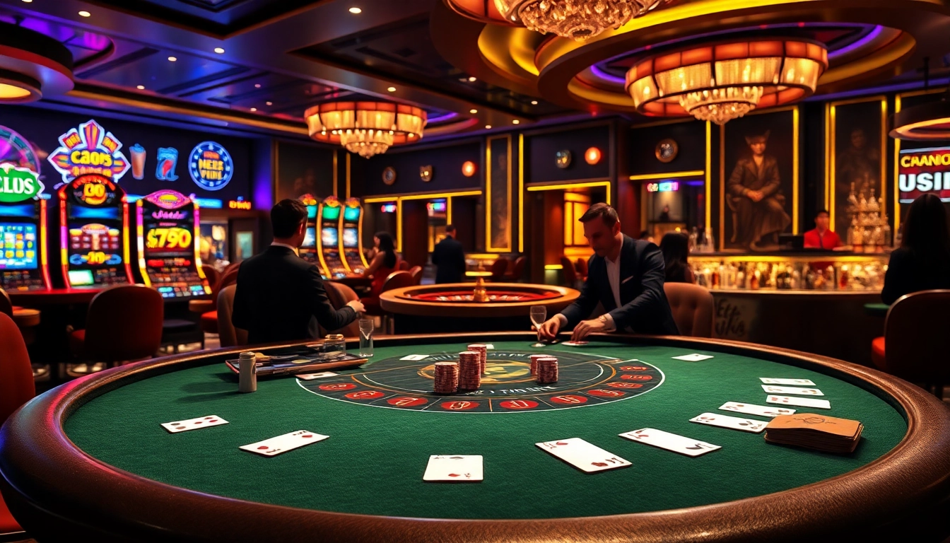 A thrilling moment at nhà cái fun79 casino, with players strategizing at a blackjack table surrounded by vibrant slot machines.