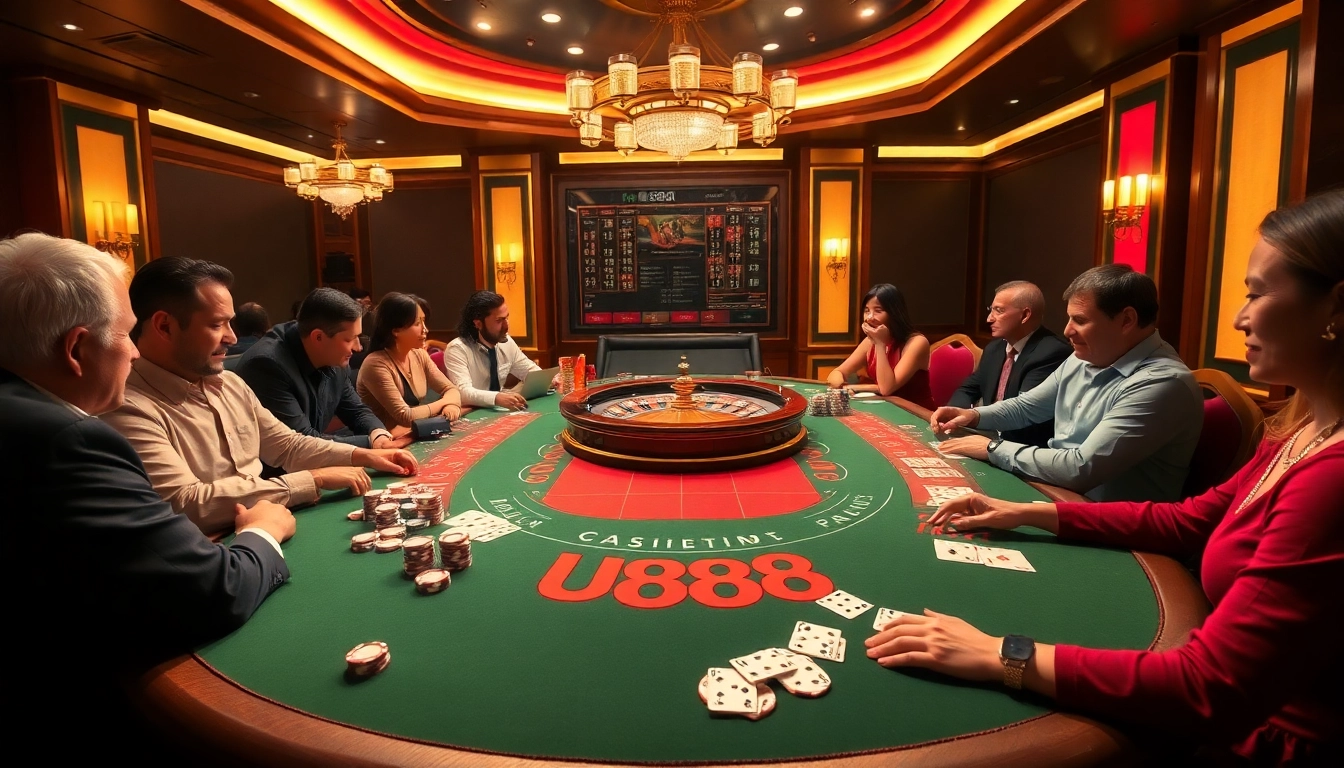 Excited players engaging at a U888 casino poker table under vibrant lights.