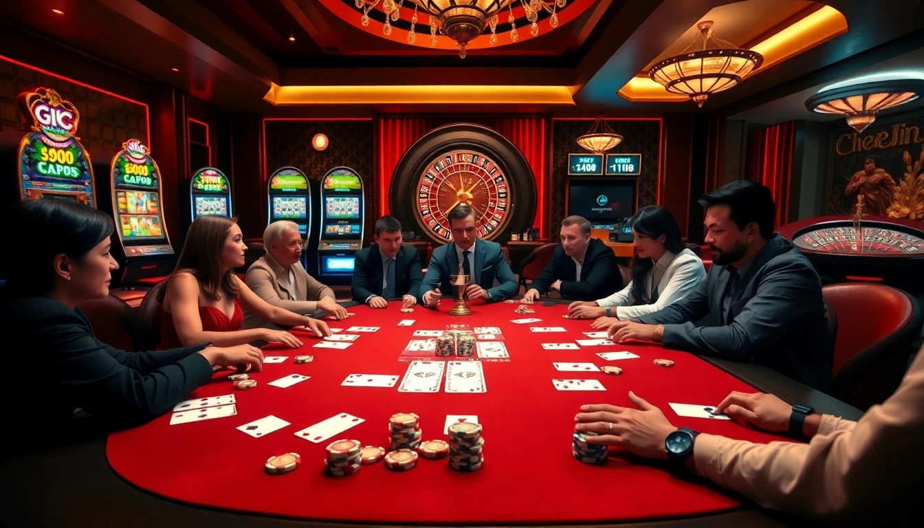 Players enjoying high-stakes poker at 789win com, surrounded by vibrant slot machines and a roulette wheel.